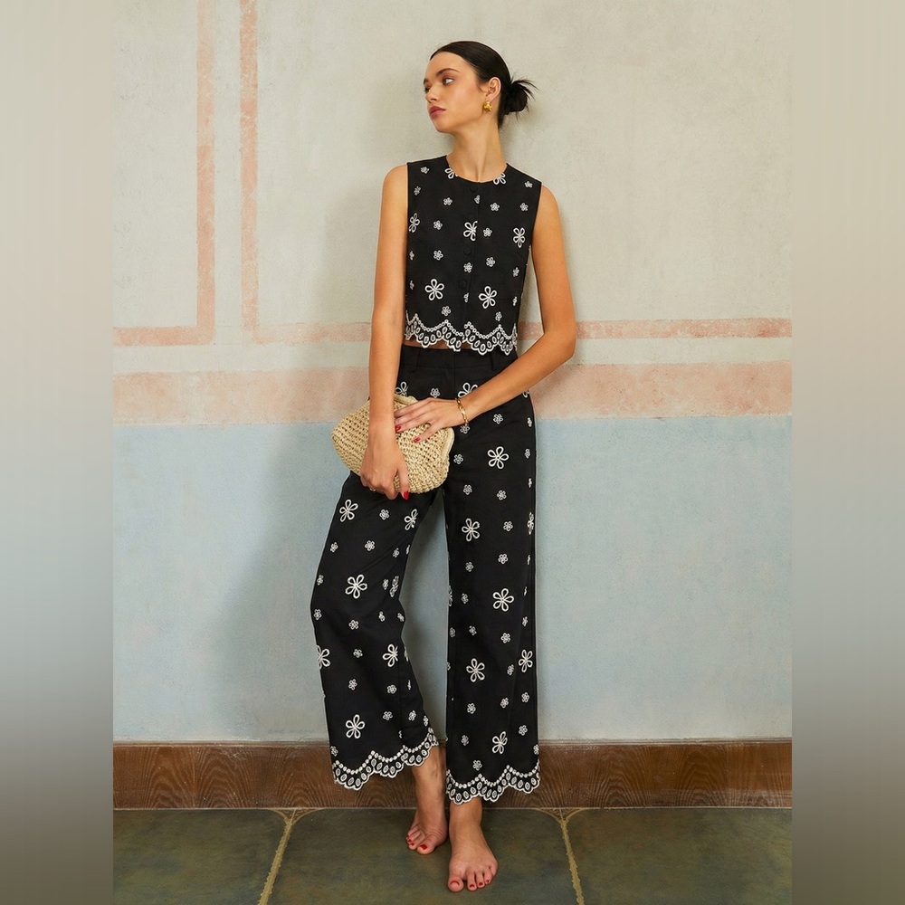 Commense Floral-Embroidered Top & Pants Set